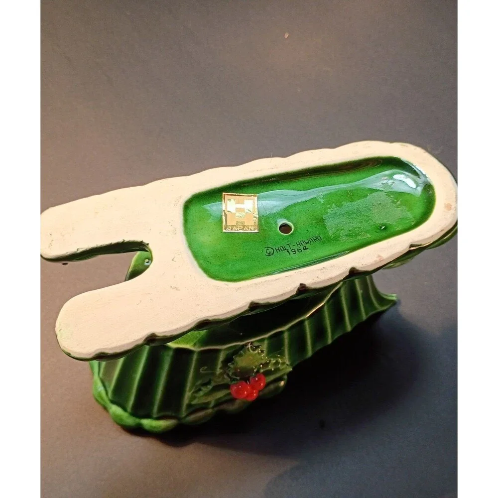 Vintage Holt Howard Ceramic Green Candle Holder Planter Sleigh, MCM Christmas